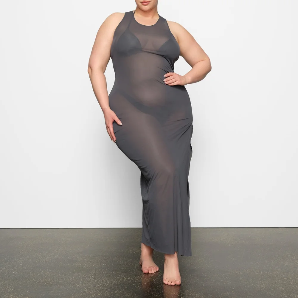 NWT SKIMS MESH LONG TANK DRESS IN GUNMETAL SIZE SMALL